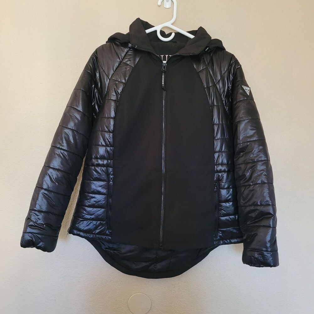 Guess Jacket Womens Large Black Puffer Quilted Water Resistant Full Zip Pockets